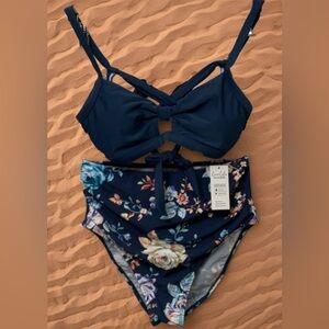 BNWT CUPSHE Women MED Mid-Blue/Floral Laceup Bralette & Ruched High Waist Bikini